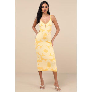 Lulus Perfectly Charming Yellow Abstract Cutout Midi Sweater Dress - Size M